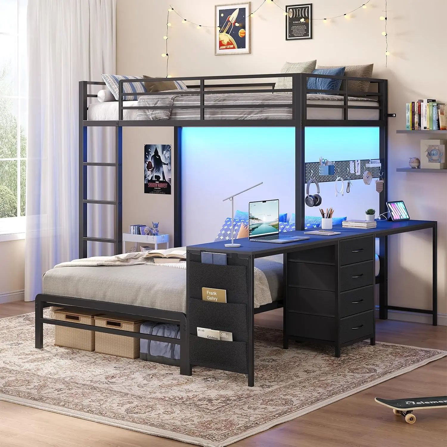 Bunk Bed Twin Over Twin with Drawers, 2 Person Desk, Black | Desk Built-in Power Strips,Twin Bunk Bed with LED, Customized