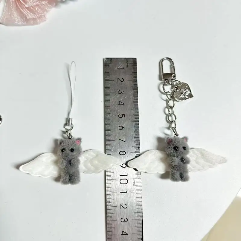 Chaveiro de Coração com Asas de Anjo Fofas para Gato, Corrente de Telefone Kawaii, Lanyard Antiperda, Decoração de Bolsa, Presente