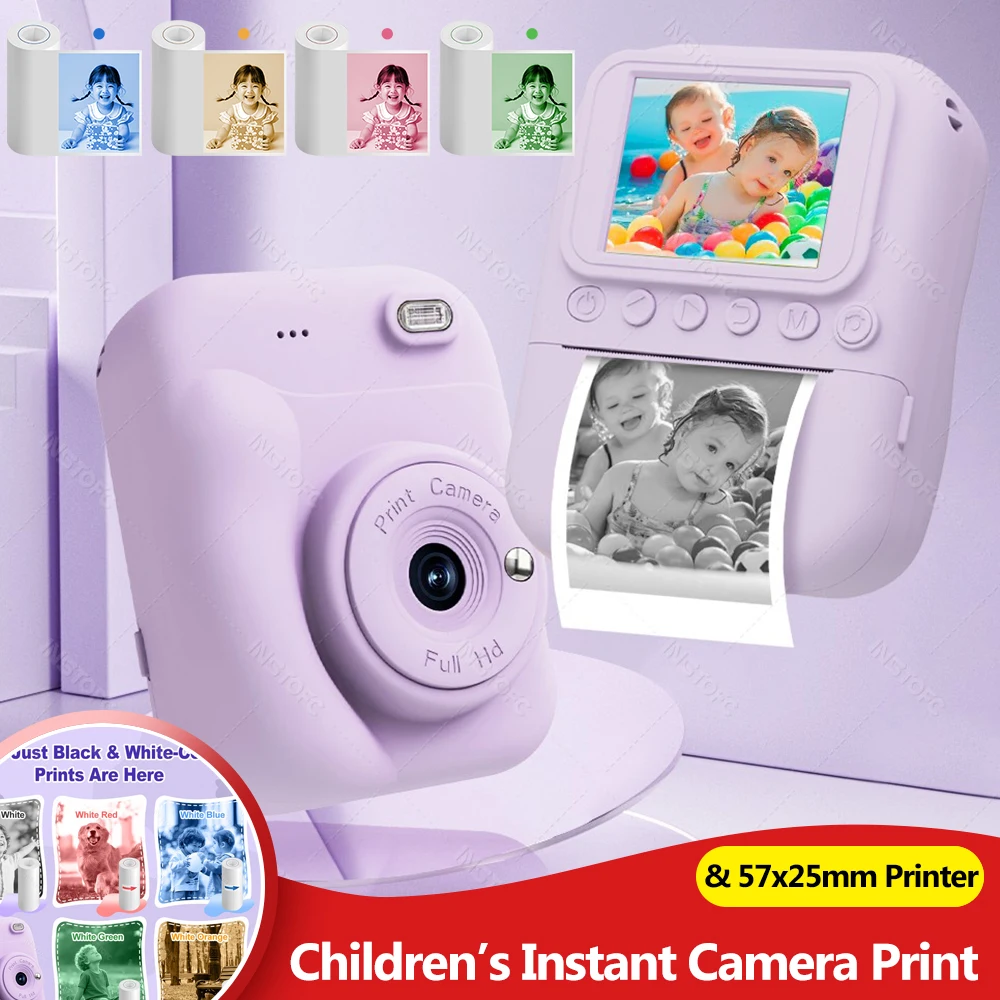 Cámara instantánea para niños con impresión a color, pantalla IPS de 2.4'', video digital 1080P, impresora térmica de fotos de 57x25mm, como regalo para niñas, niños y niños pequeños.