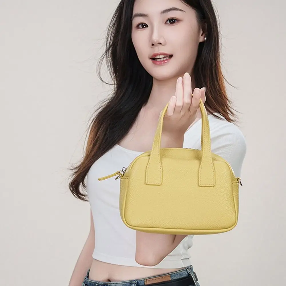 

High Quality Leather PU Bowling Bag Korean Style Solid Color Boston Tote Bag Handbag Minority Design