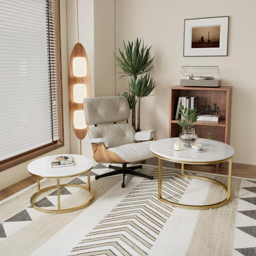 مجموعة طاولات متداخلة مكونة من 2، طاولة قهوة مستديرة 31.5، طاولة قهوة صغيرة متداخلة مع رسوم قابلة للتعديل غير قابلة للانزلاق، سطح من الرخام الأبيض #5