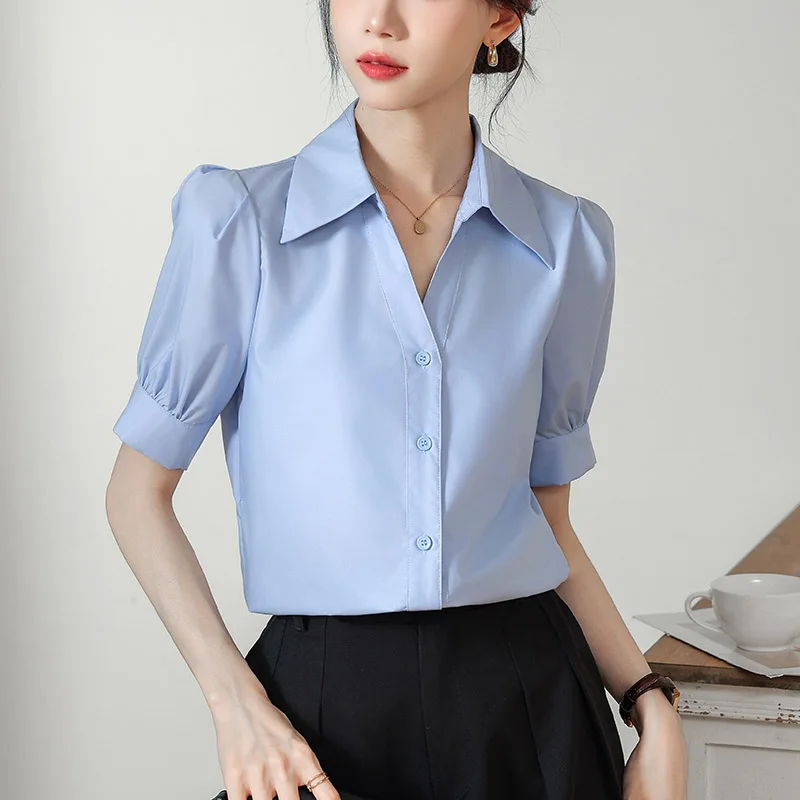 Summer Elegant Fashion Solid Short Sleeve Shirt Women V-neck Button All-match Formal Clothing Office Lady Chic Folds Edge Tops