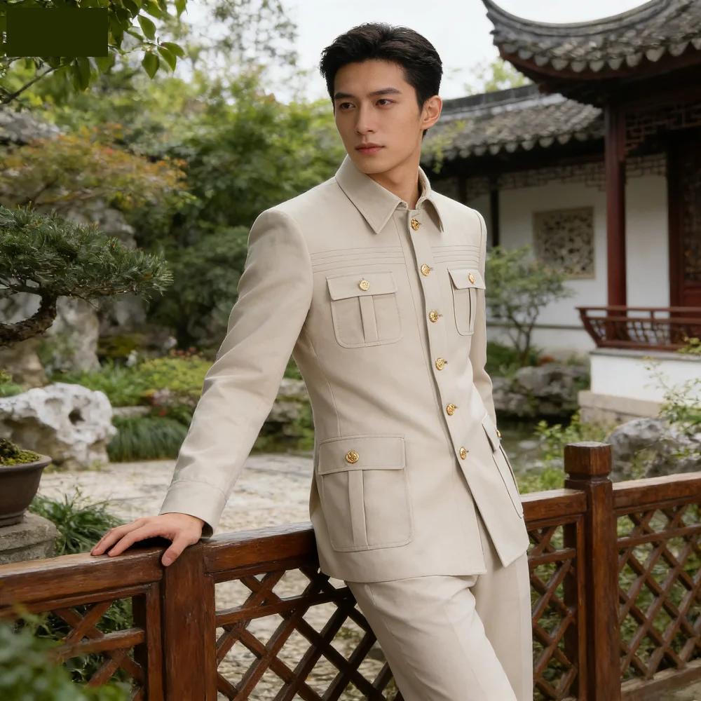 Men's Unique Breasted 2-Piece Suit Jacket Casual Business Terno Blazer for Work Interview Ensemble