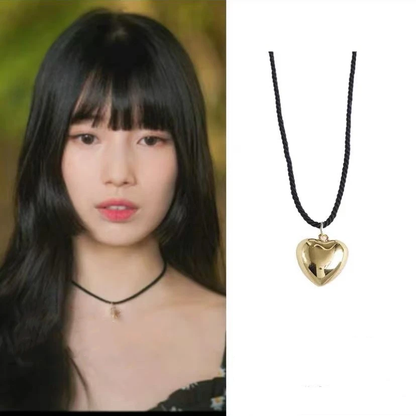 My goddess roommate Doona Bae Suzy same black rope necklace heart Korean Drama style new style high quality for women girls