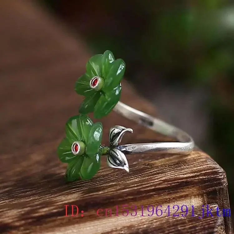 Green Jade Flower Rings Adjustable Ring Gift Chinese Women Jewelry Real Amulet Charm 925 Silver Natural Gemstones Amulets