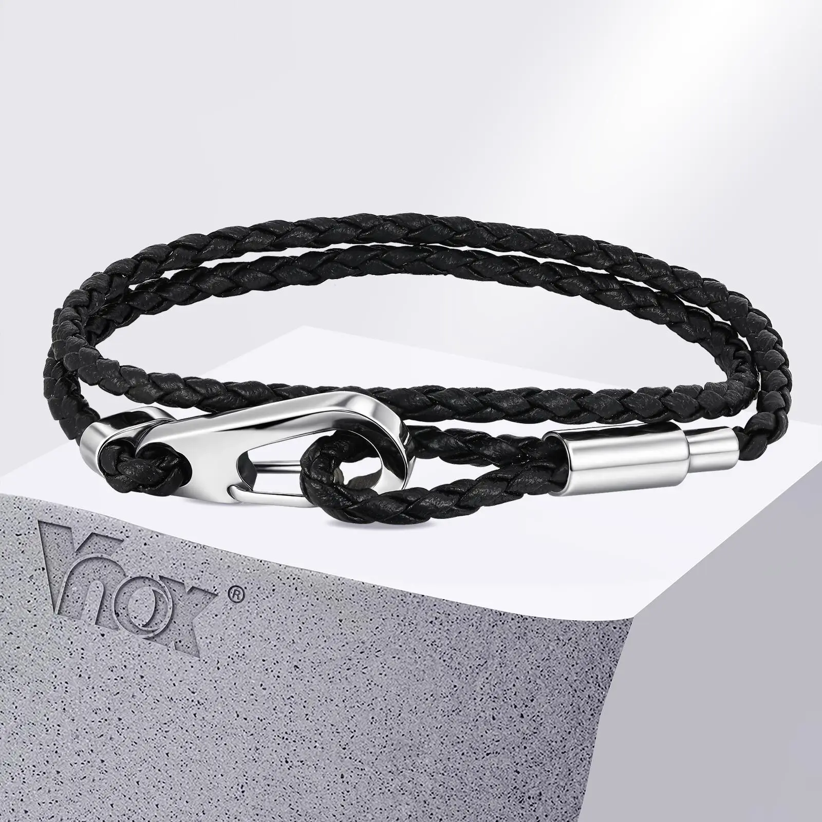 Vnox Double Layered Black Woven PU Leather Bracelets for Men, Stainless Steel Bold Hook Clasp, DIY Available Jewelry