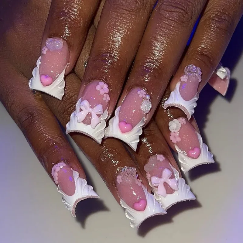 

10Pcs Short Duckbill Nails Handmade 3d Floral Pink Bow Heart Design French Press on Nails Set for Women Daily False Nail Tips