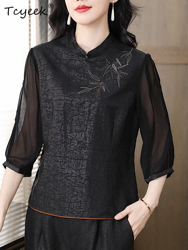 Tcyeek, T-shirt elegante in seta di garza annaffiata, ricamo a mezza manica da donna, camicette vintage larghe, estate autunno 2024 T46059QM