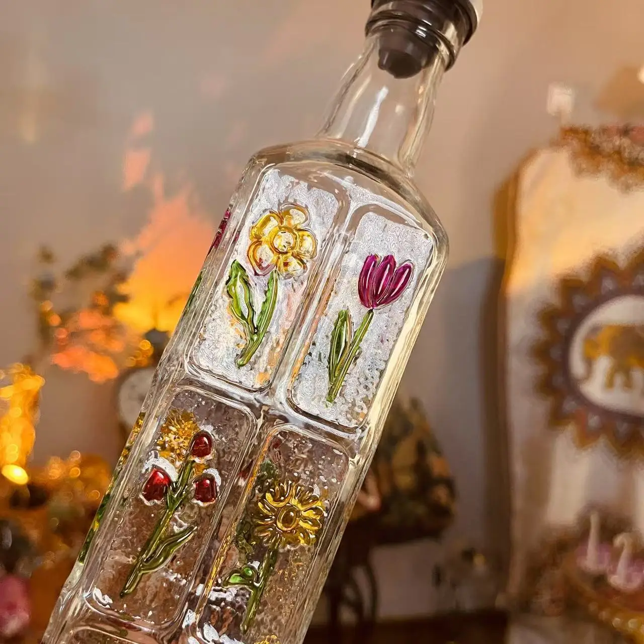 

French Home Seasoning Bottle Set Retro Square Pattern Hand-Painted Relief Vinegar Oil Bottle High Value Kitchen Decor