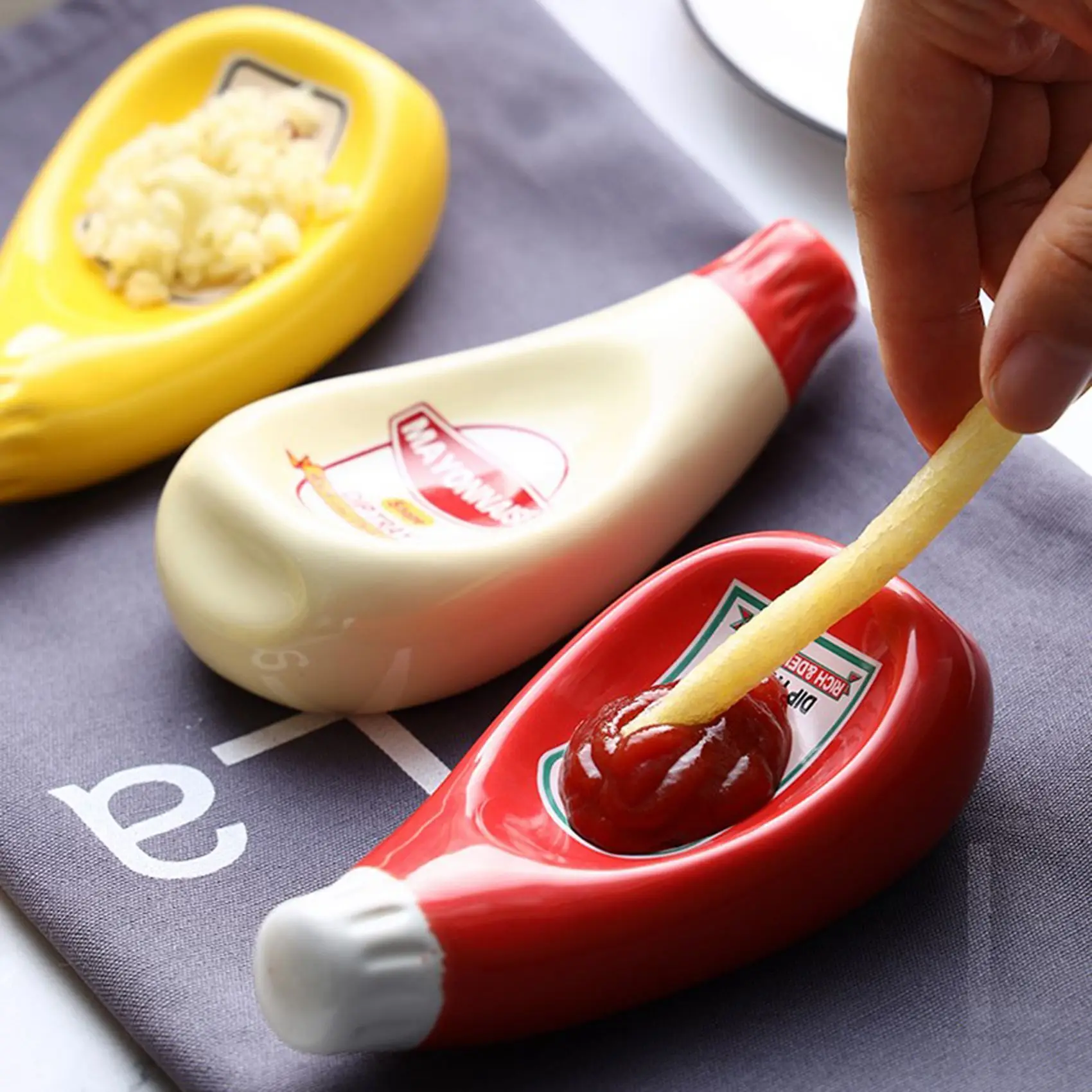 Plato de cerámica extruido con forma de botella para salsa de tomate, plato para salsa de soja, ketchup, mayonesa, plato para condimentos de mostaza, 3 uds.