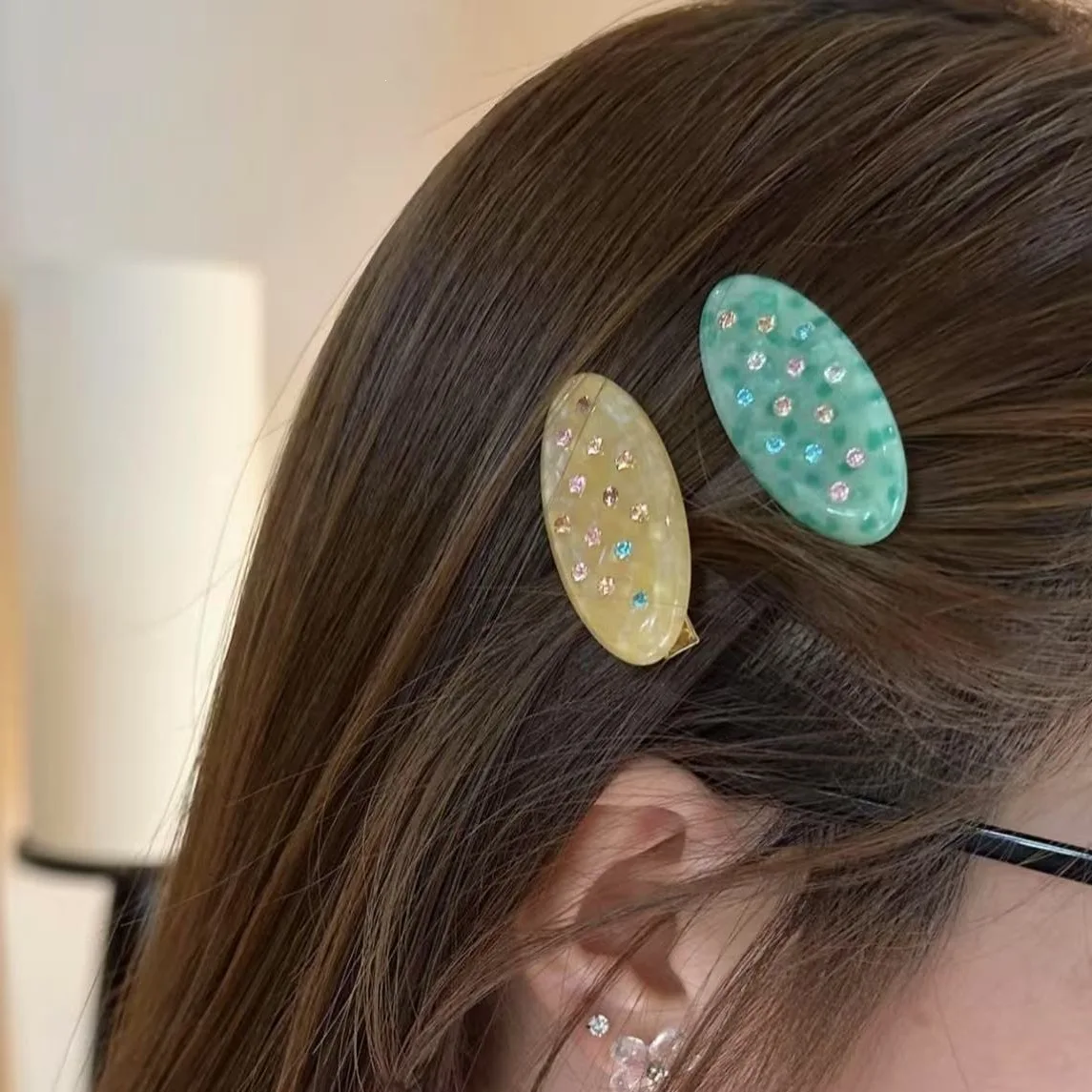 Korean Oval Acetate Rhinestone Hair Side Clip Glitter Shiny Duckbill Clip Fashion Versatile Bangs Edge Clip Styling Accessories