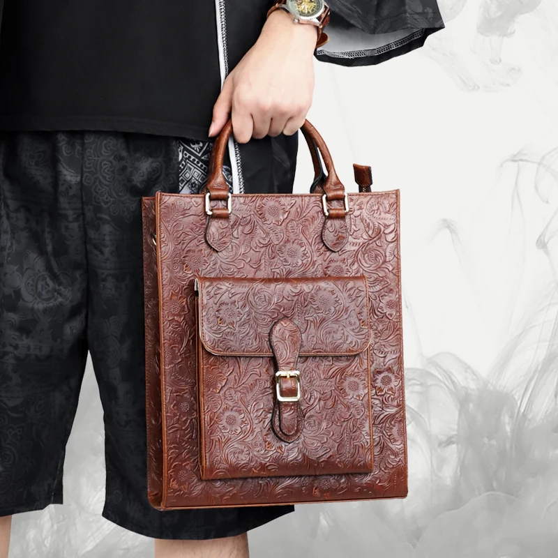 Men Briefcase Genuine Leather Laptop Bag For 14 inch Handbag Tote Retro Cowhide Shoulder Crossbody Bag Bag