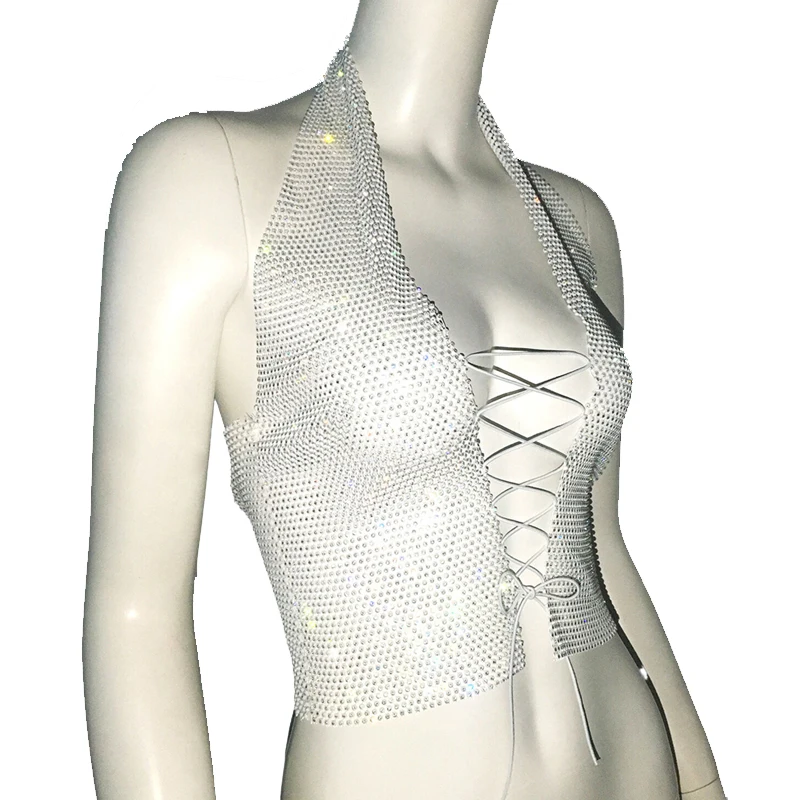 Damen Glitzer-Strass-Netz-Haltertop mit tiefem V-Ausschnitt, Schnürung vorne, transparent, für Club, Party, Strand, ärmelloses Tanktop – Detail 9