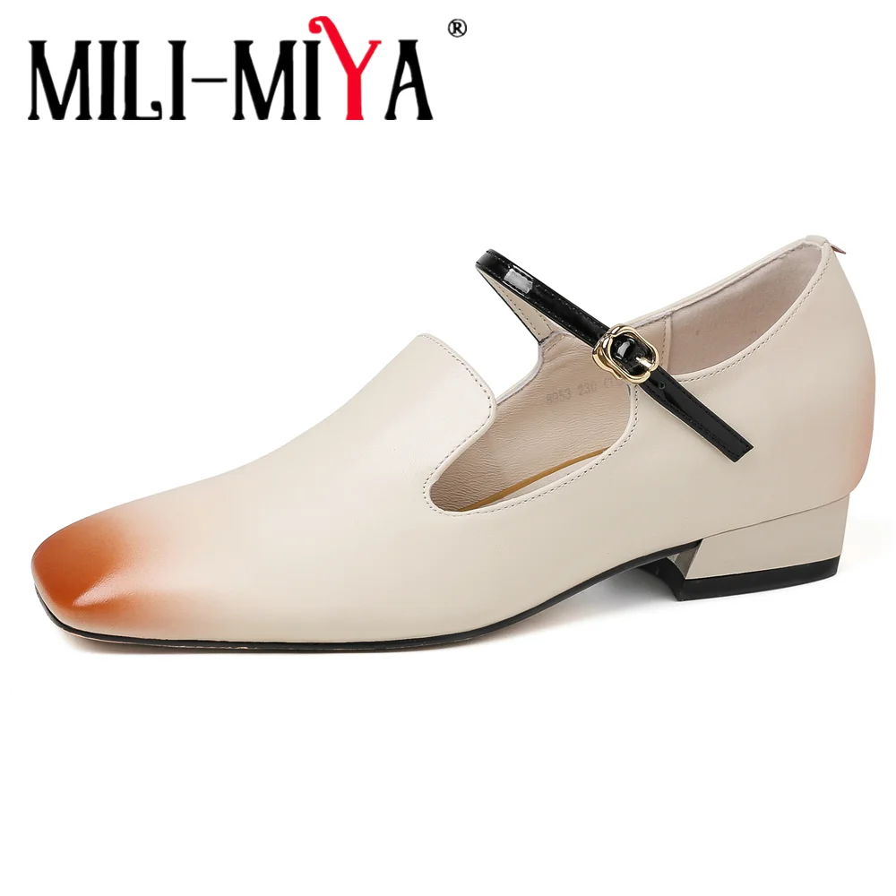 MILI-MIYA Women's Square-Toe Full-Grain Leather Pumps With Built-In Heel Lift Square Heel Solid Color Strappy Buckle-Closure