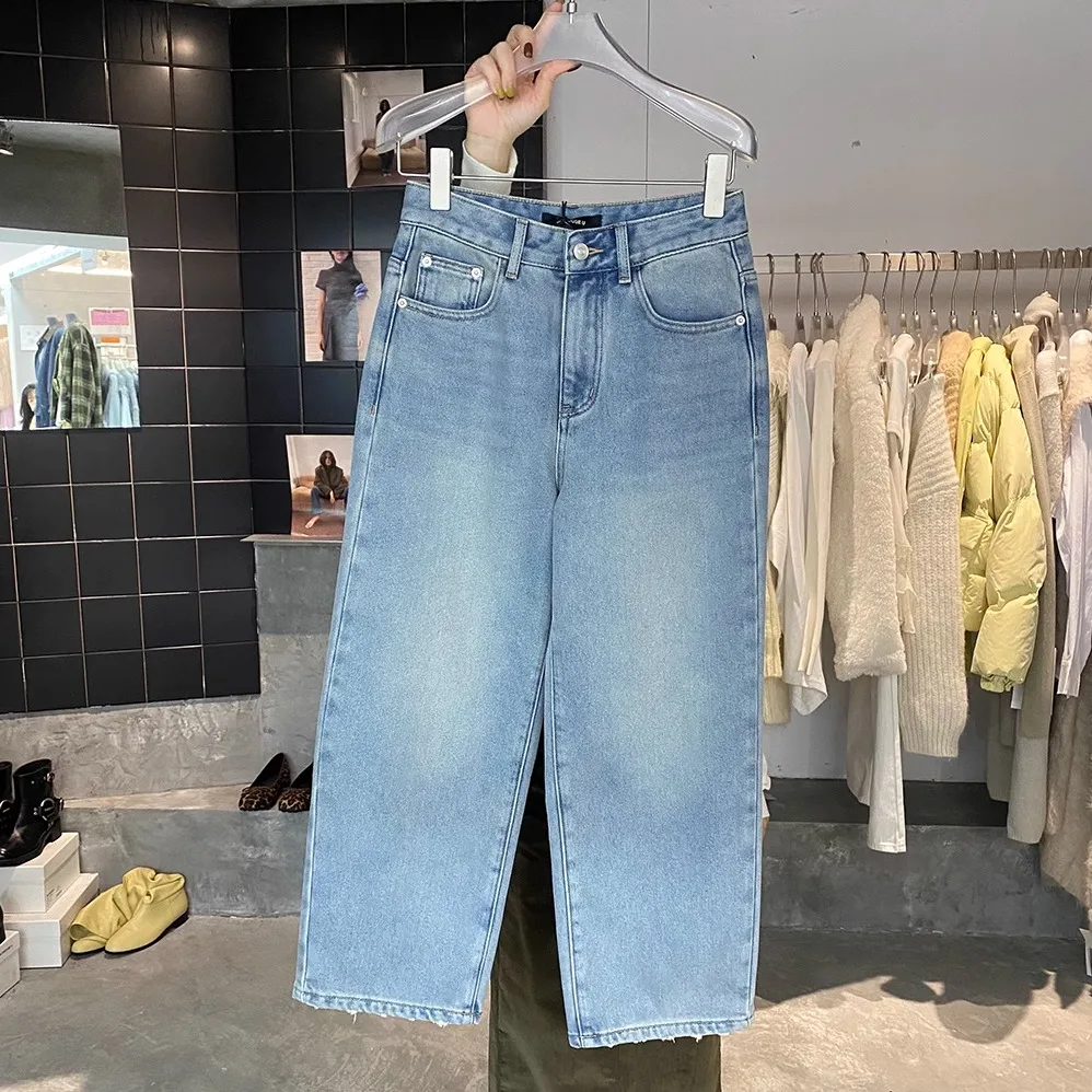 

in Choose U Women's High Waist Straight Leg Fleece Lined Jeans Winter Thickened Casual Pants Korean Style Blue Long Trousers