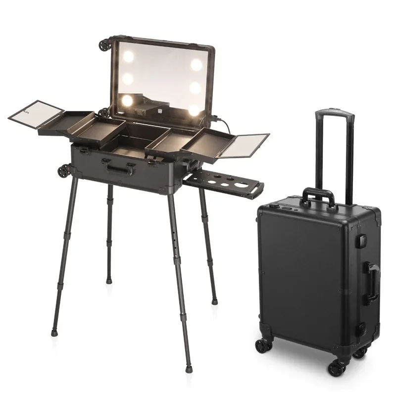 Travel folding cosmetic trolley case, professional makeup table with LED mirror,trolley cosmetic luggage,rolling luggage case