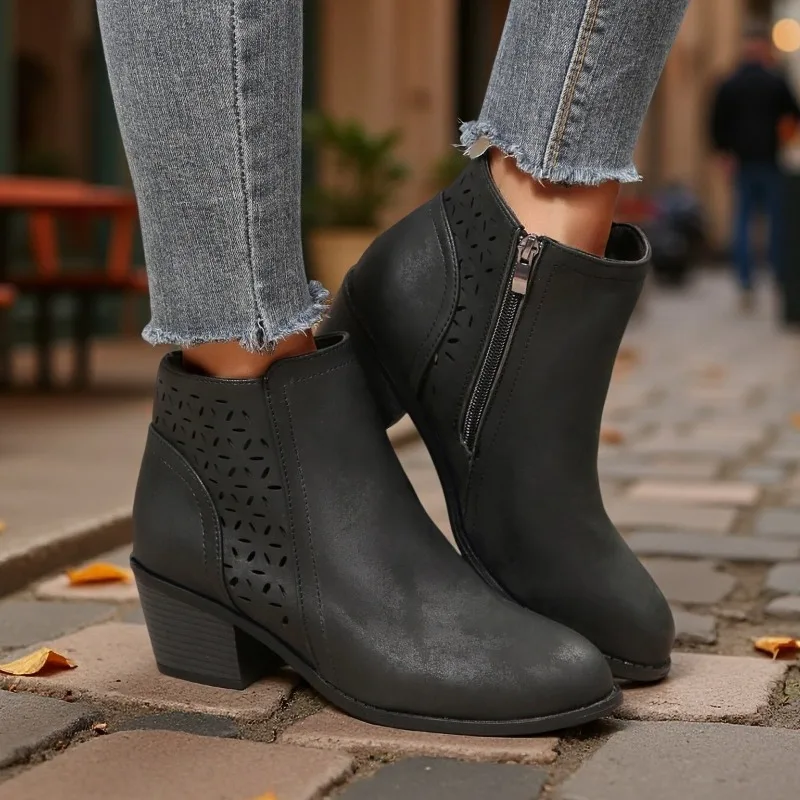 Women Cutout Ankle Chelsea Boots Side Zipper Vintage Suede Chunky Heel Round Toe Retro Hollow Out Breathable Casual Autumn Shoes