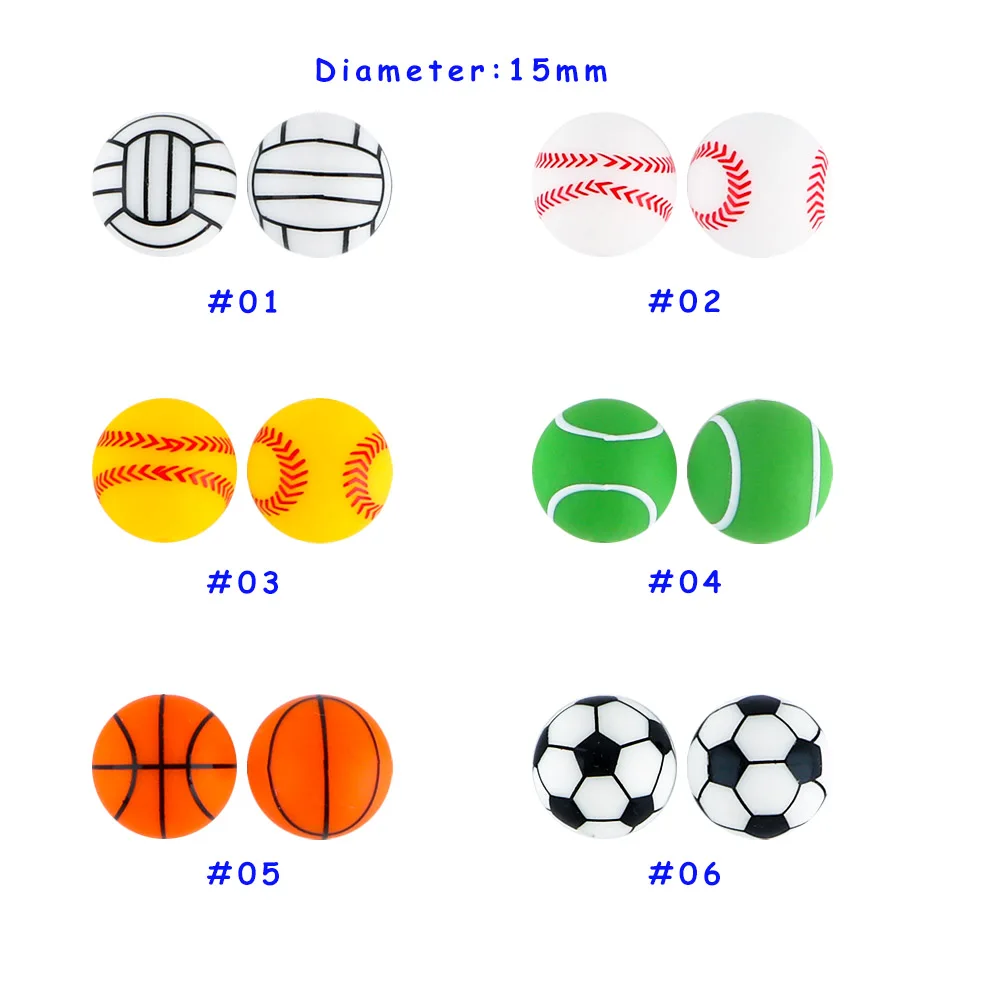 10Pcs Printed Silicone Beads 15MM Round Soccer Baseball Tennis Basketball Bead DIY Necklace Bracelets Jewelry Accessories