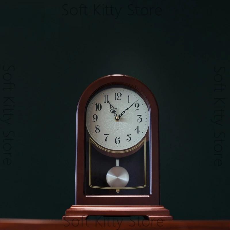 American medieval solid wood silent swing table clock home living room desktop retro table clock ornament