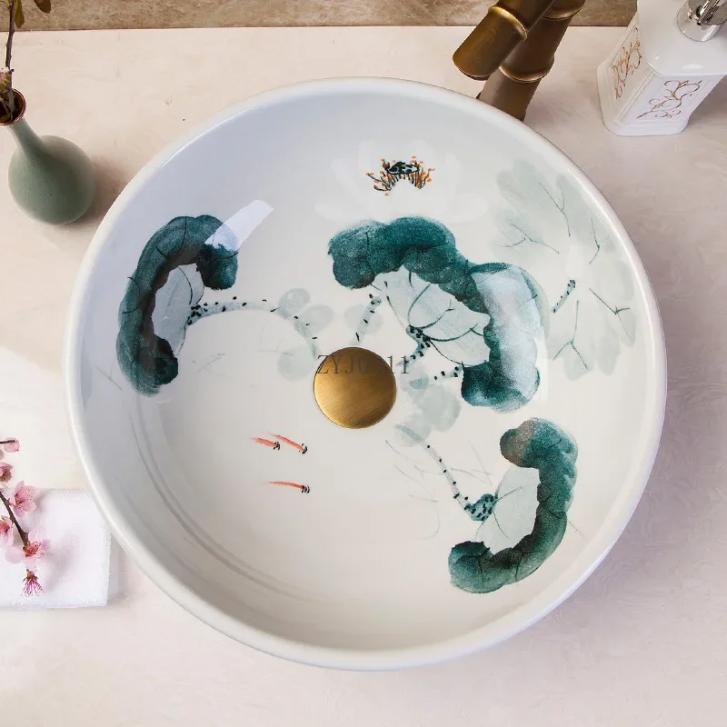 Art Table Basin round Retro Wash Basin Bathroom Ceramic Washbasin Home Creative Balcony Chinese Inter-Platform Basin
