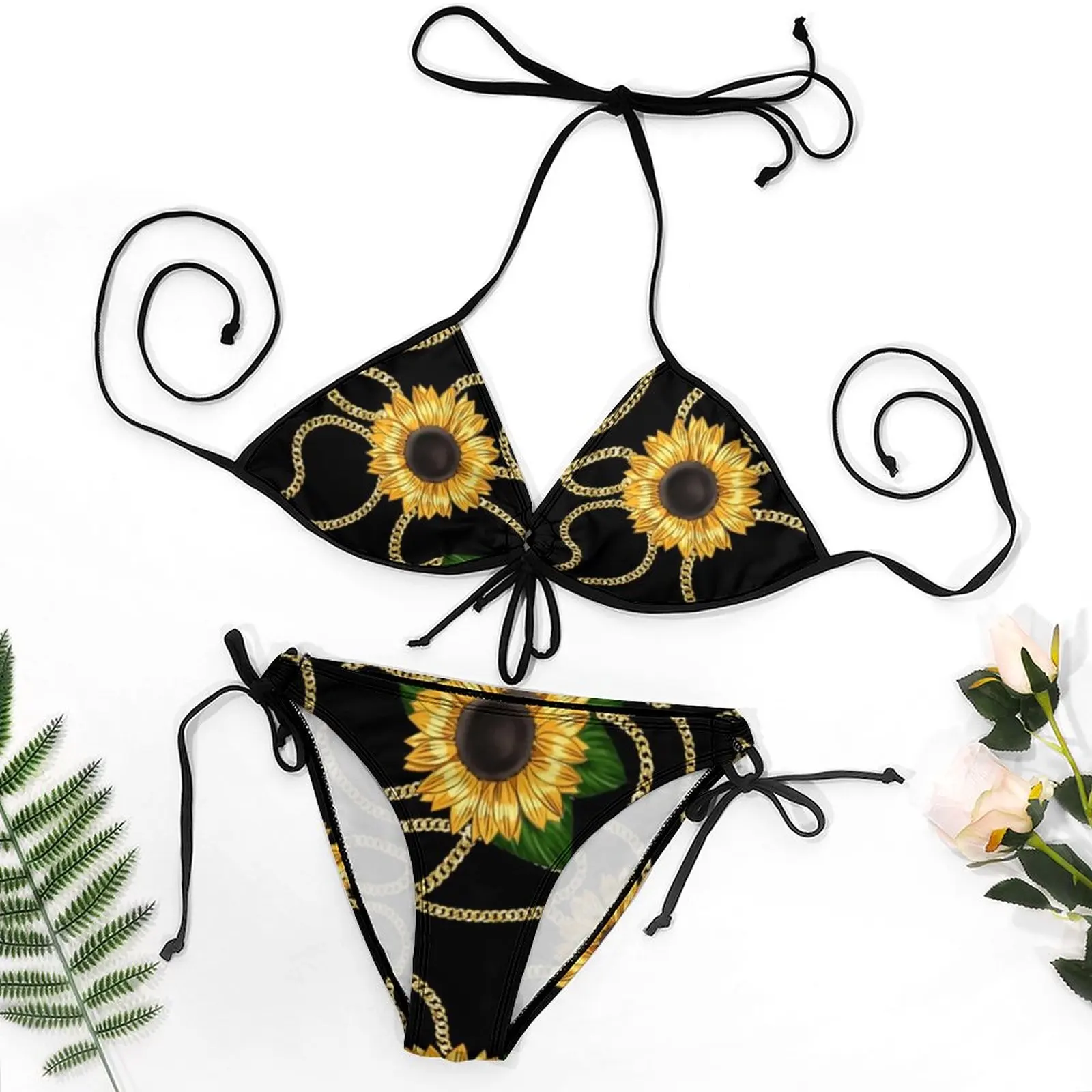 Sexy Gold Chains Print Bikini Set Geel Zonnebloemen Bikini Badpak Push Up String Badmode Vrouwen Tweedelige Custom Badpakken