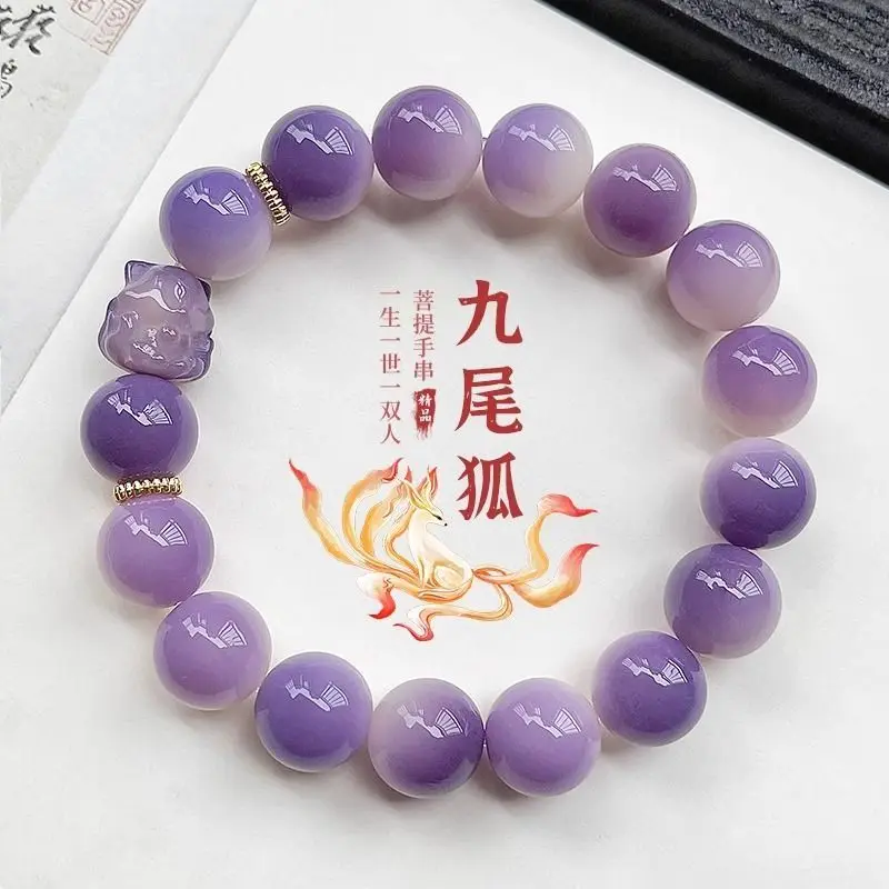 Kawaii Pink Nine-tailed Fox Pink Purple Bodhi Root Bracelet Genuin Student Plate Playing Bodhi Beads Couple's HandString Female