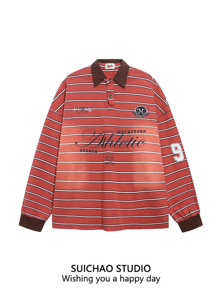 

Мужской хлопковый дышащий свитшот Suichao в американском ретро-стиле с полосатым воротником и длинными рукавами, осенняя новинка, для повседневной носки в кампусе