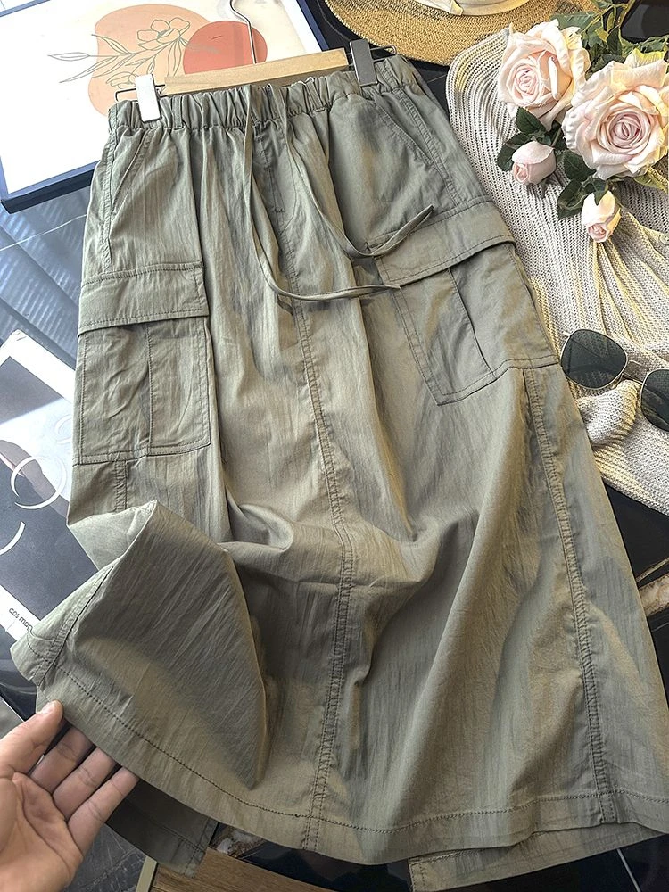 Lightweight Quick Drying Pocket Casual Skirt For Women Summer Elastic Waist Solid Loose Straight Skirt Midi-Length Cargo Skirt