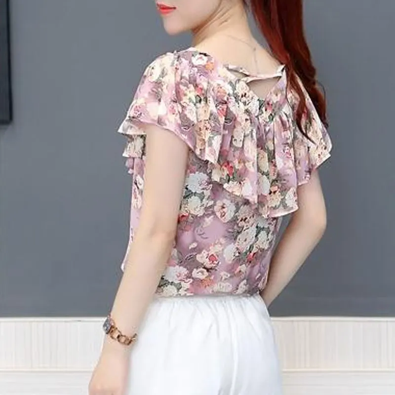 Office Lady Floral Printed Blouse 2023 Summer Straight Elegant V-Neck Women\'s Fashion Ruffles Spliced Short Sleeve Chiffon Shirt