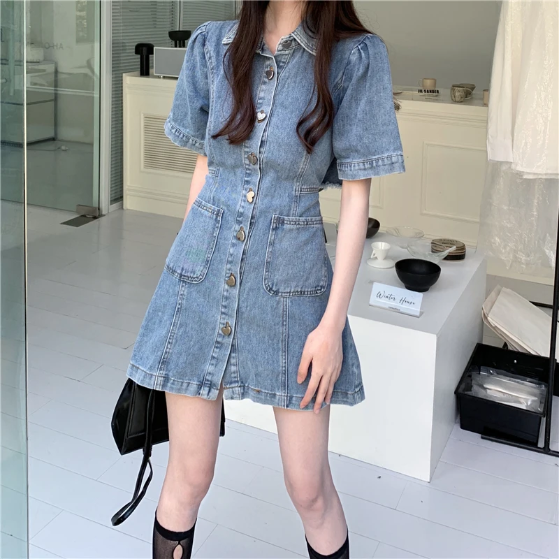 

Plus Size Short Sleeve Single Breasted Denim Dress Women 2022 Summer Chic Polo Neck Vintage Slim Waist Sexy Hollow Out Dresses