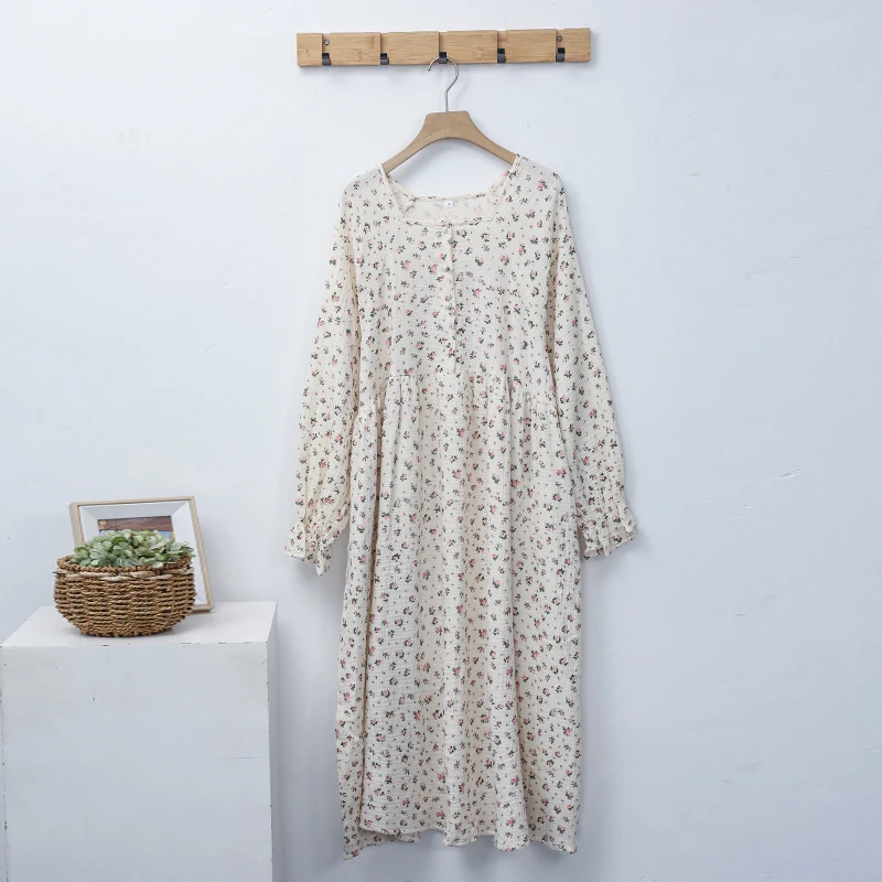 Casual Women's Dresses 100% Cotton Muslin Gauze Loose Long Sleeve O-neck Print Beige Color Comfortable Soft Sleepwear Vestidos