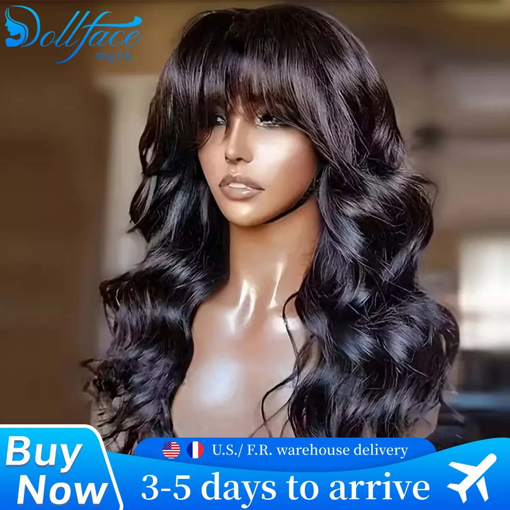 Body Wave Human Hair Wigs With Bang Full Machine Made Wigs 3x1 Middle Part Lace Wig Loose Body Wave Brazilian Natural Color Wig