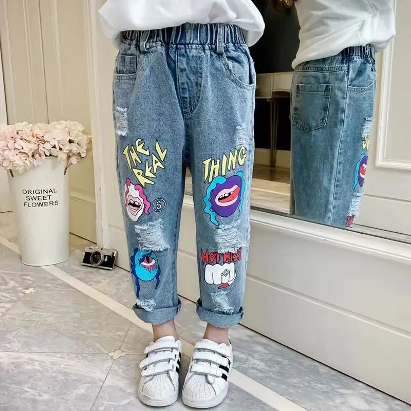 Kids Girls Jeans 2023 New Spring And Autumn Korean Edition Clothing Dad Pants Medium Size Loose Fit Children\'s Perforated Pants