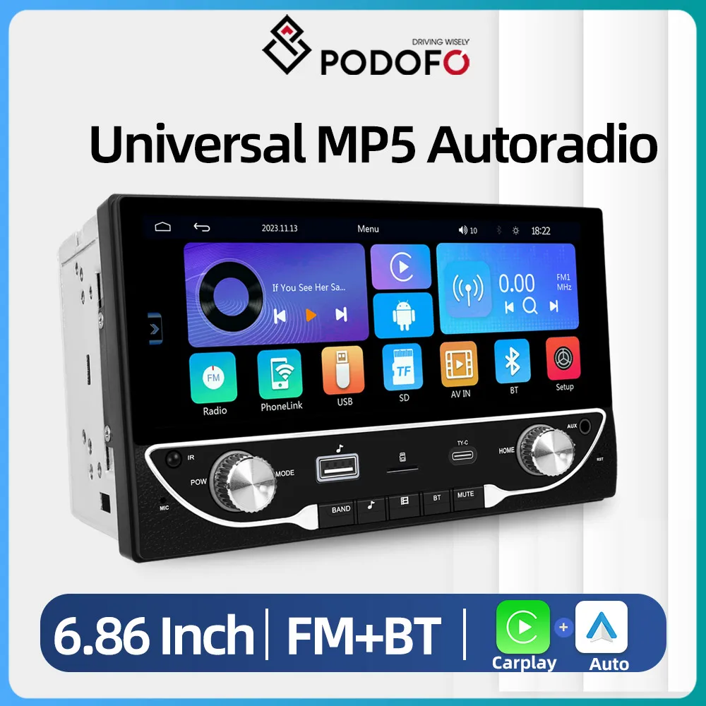 

Podofo Wireless Carplay Android auto 2Din Car Multimidia Video Player 6.86" FM Radio Receiver BT/FM/TF/USB Monitor