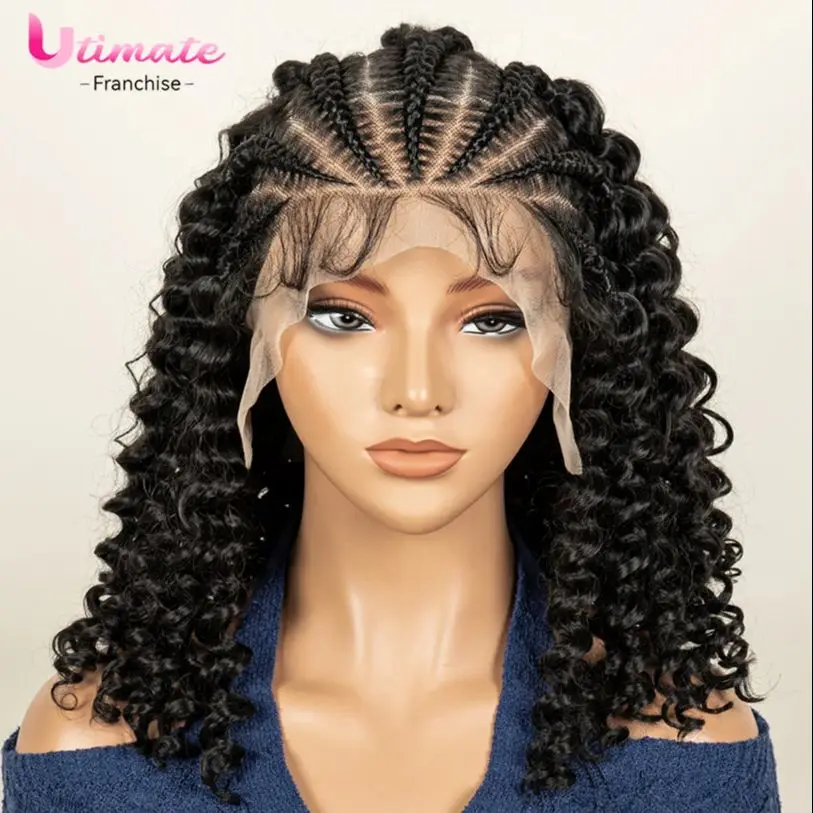 

Парики из синтетических волос с глубокими волнами и детскими косичками, плетеный вьющийся парик, прозрачный 13x6, кружевной фронтальный, 16 дюймов, подходит для чернокожих женщин