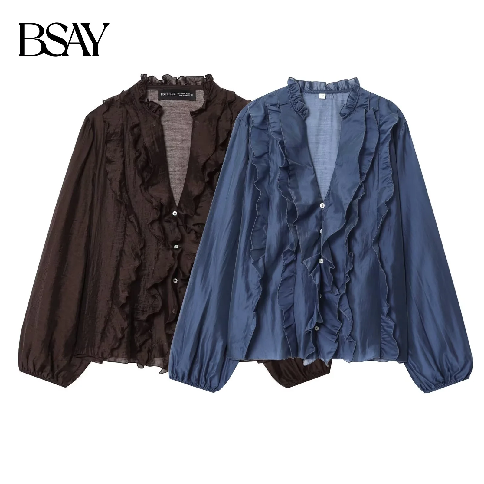 BSAY خريف جديد الملابس النسائية 2025 قميص أنيق غير رسمي بلون الطبقات الخامس الرقبة زر قميص بأكمام طويلة