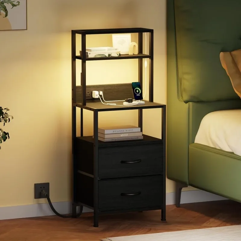 Tall Nightstand with Light Tube and Charging Station, Night Stand with 2 Drawers for Bedroom, Home Office, Dorm, Bedside Table