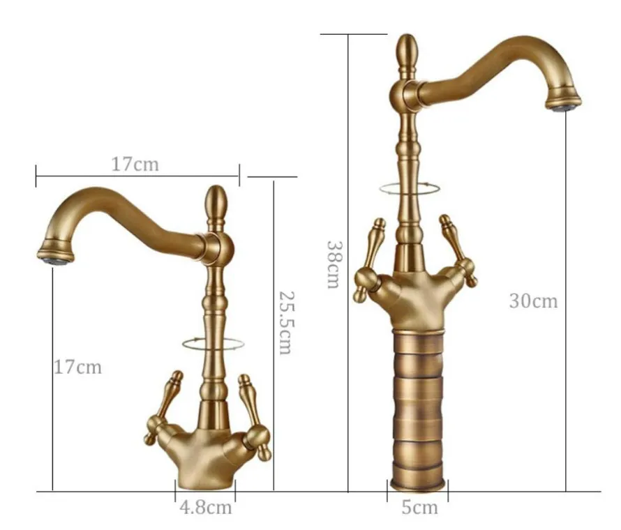 العتيقة حوض صنبور الساخن الباردة بالوعة الحمام خلاط النحاس الكلاسيكية المزدوج رافعة مرحاض الحنفية دوران صنبور مصرف مزين #6