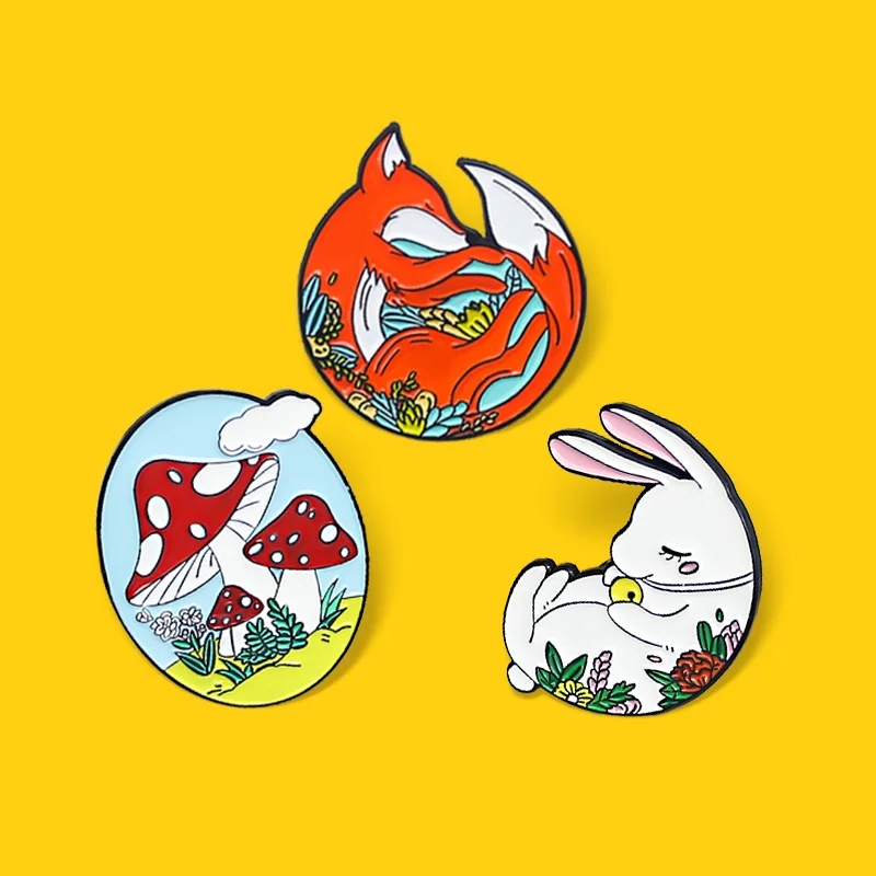 Cartoon Animal Brooches Plant flowers Red Fox Rabbit Mushroom Enamel Pins Bag Clothes Lapel Lovely Badge Jewelry Gift for Kids