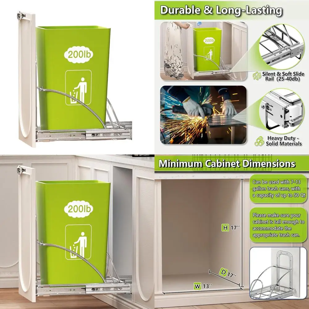 

7-13 Gallon Pull-Out Trash Bin for Kitchen Cabinets, 50 Qt Under-Sink Garbage Can, Silver