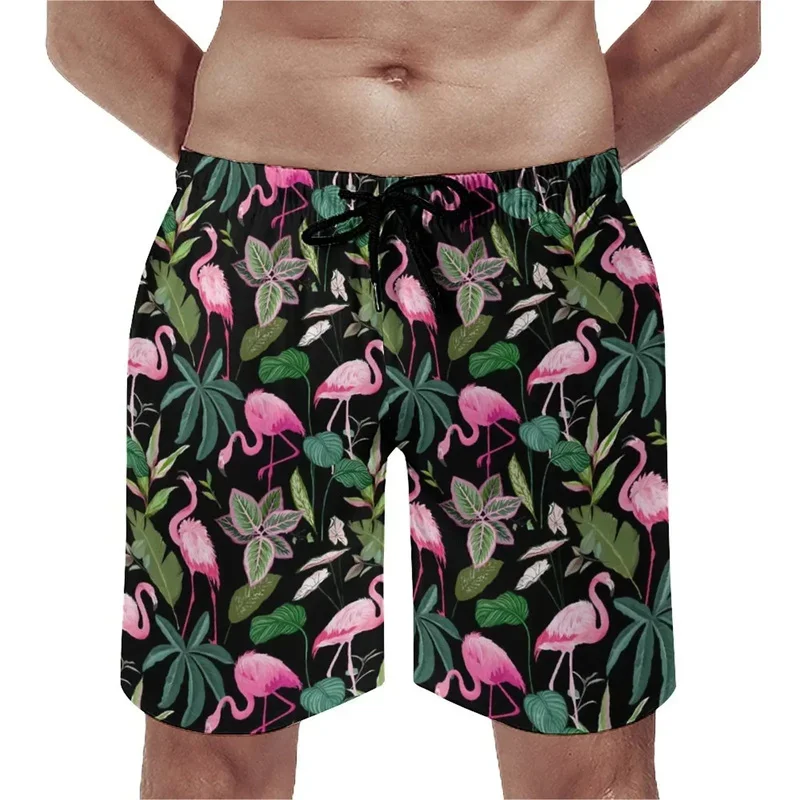 3D Print Retro Bird Flamingo Swim Trunks For Men Flower Leaf Pattern Beach Shorts Summer Fashion Board Shorts Street Short Pants