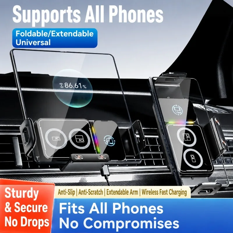 Universeller Auto-Handyhalter mit 15W Kabelloser Ladestation 360° °   Drehbare Halterung für Samsung Galaxy Fold 7 6 5 4 Z Flip S25 S24 iPhone 17 16