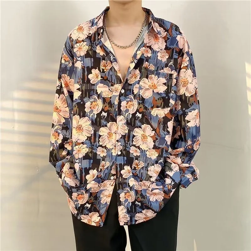 Mens Hawaiian Shirt Streetwear Hip Hop Flower Print Summer Beach Long Sleeve Shirts Men Fashion Casual Male Pocket Blouse Tops