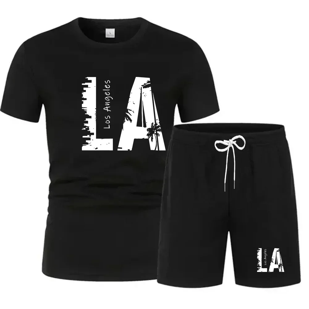 New summer fitness sportswear for men, short-sleeved T-shirt and shorts two-piece set, breathable and quick-drying casual wear.