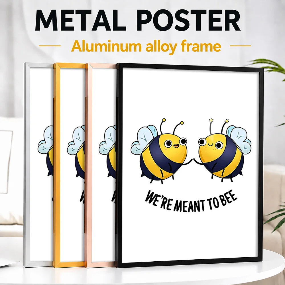 Cute Bees 'We're Meant To Bee' Framed Aluminum Metal Poster Customized Photo Playful Typography Style Wall Art For Living Room