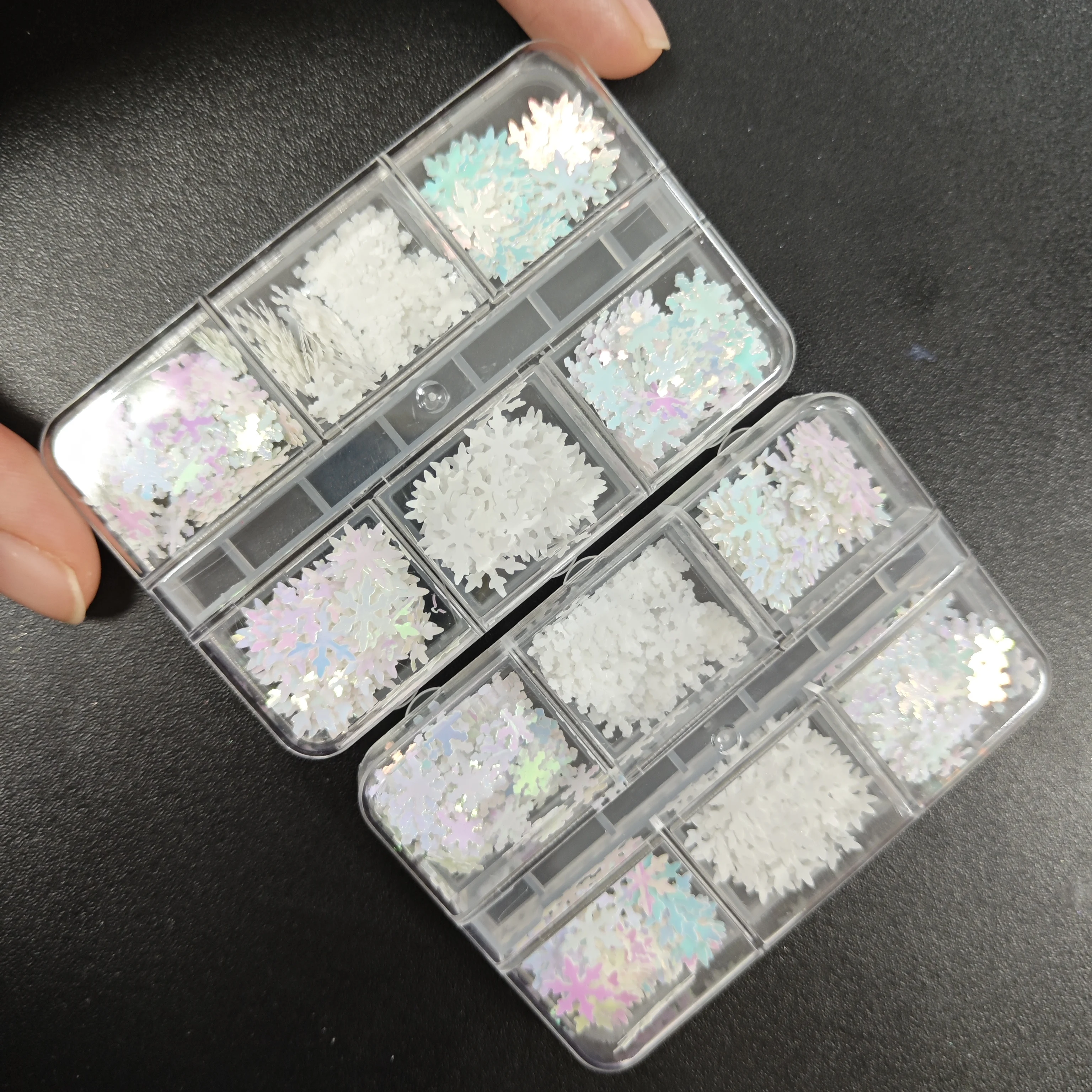 6Grid/Doos Kerst Aurora Witte Sneeuwvlok Nagel Pailletten Gemengde Grootte Glitter Laser Sneeuwvlok Nagelvlokken DIY Kerst Sneeuwvlok Pailletten