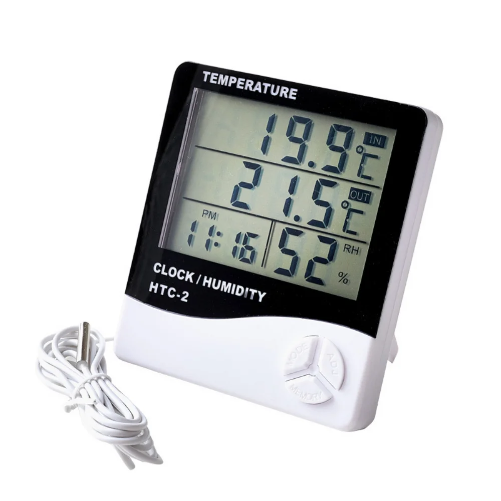 1pc HTC-2 LCD Digital Temperature  Humidity Meter  Indoor Outdoor Thermometer Hygrometer Weather Station with Clock