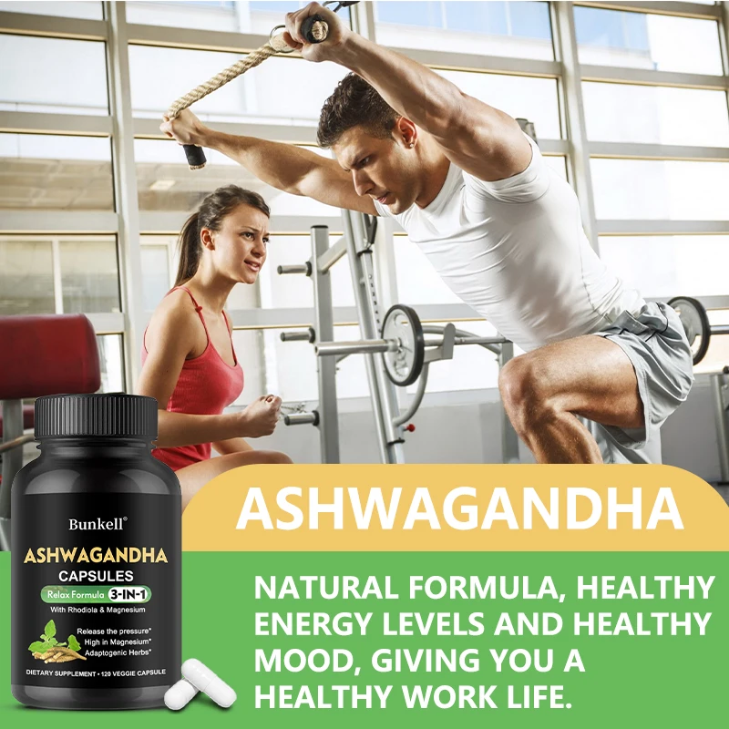 Organic Ashwagandha - 120 Veggie Capsules 3-in-1 with Rhodiola Rosea & Magnesium - Stress Relief, Mood, Focus, Brain Function