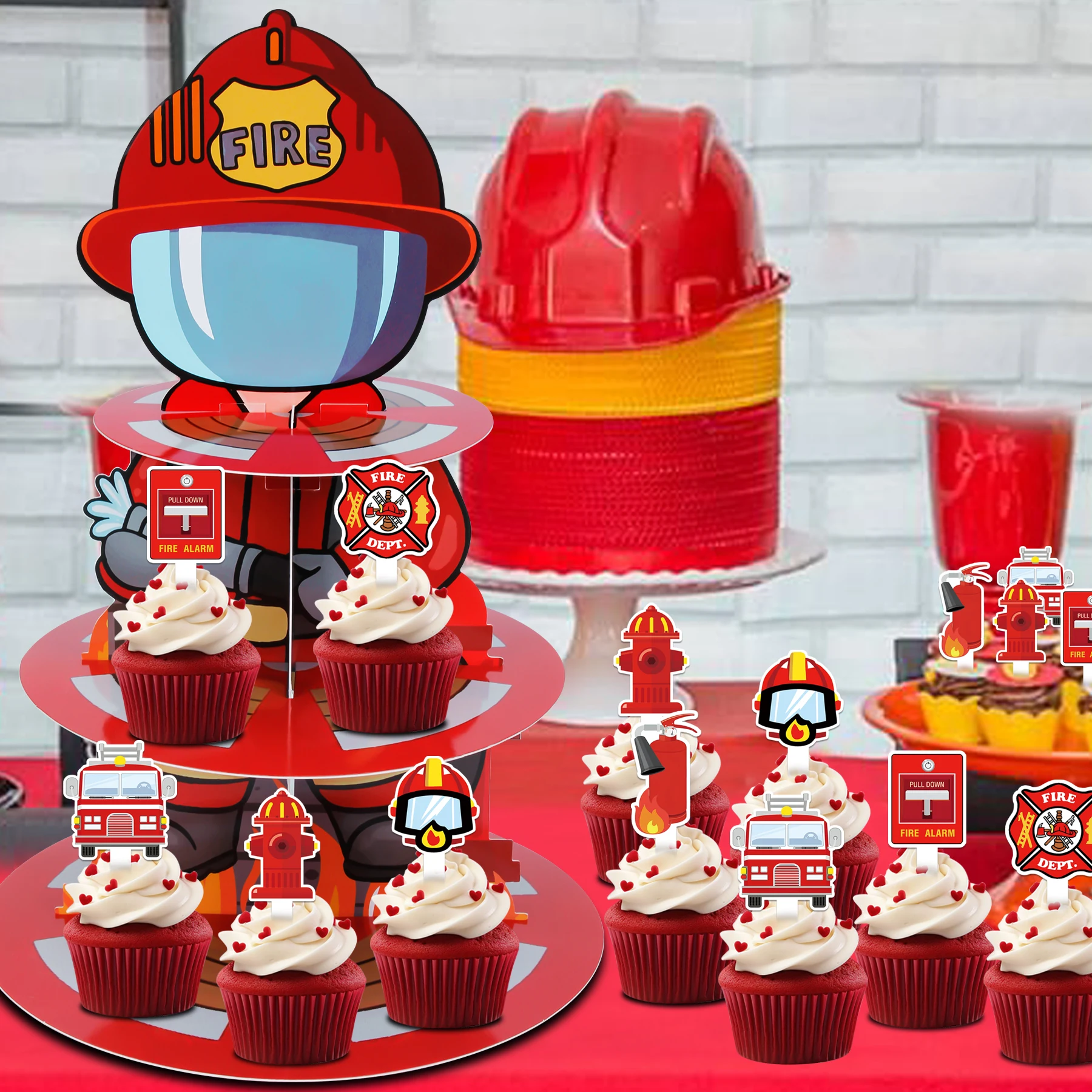 25 قطعة، برج حامل كب كيك رجل الإطفاء الأحمر 1 قطعة مع أغطية كب كيك 24 قطعة لتزيين حفلات أعياد ميلاد رجل الإطفاء #5