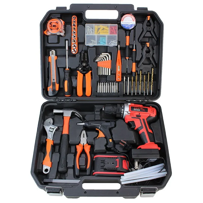 Cross-Border 21V Lithium Battery Impact Drill Set Household Multi-Functional Portable Hardware Toolbox Decoration and